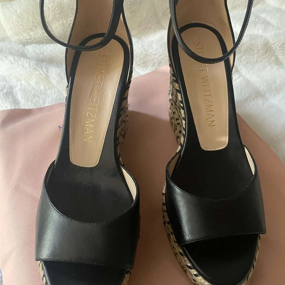 Stuart Weitzman Black Leather Espadrille Wedge Sandals